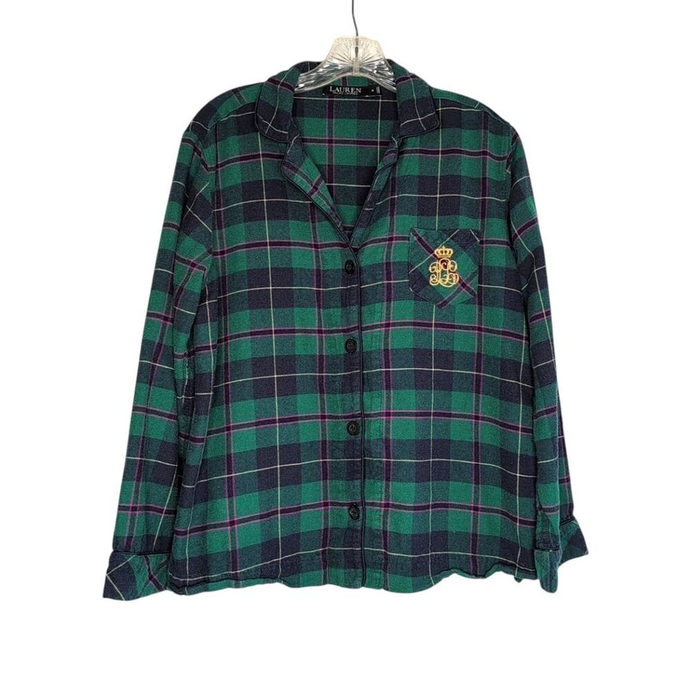 Lauren Ralph Lauren LRL plaid pajama top with monogram crest, size Medium